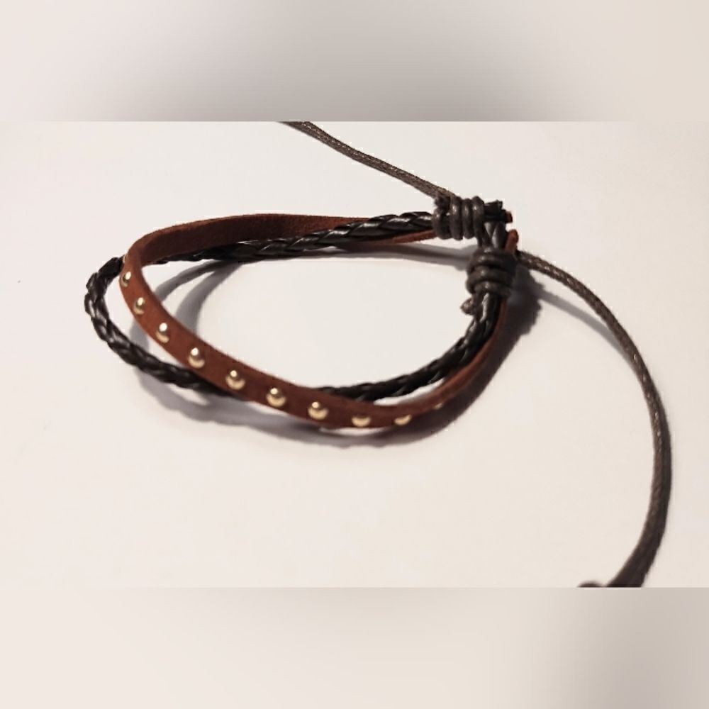 Men's leather bracelet layered braided brown new d9